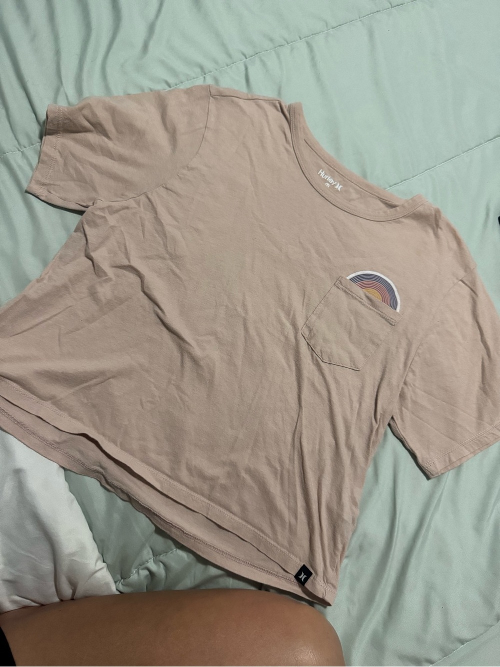 Hurley Light Pink Tee with Small Rainbow Pocket Accent